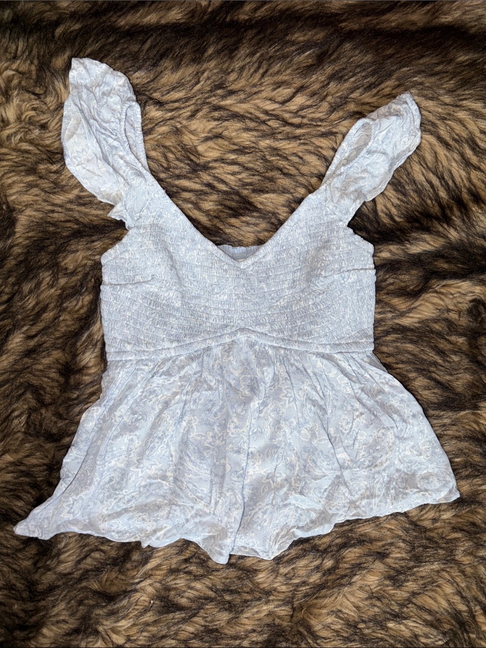 Hollister Light Blue Paisley Ruffle Strap Smocked Peplum Cropped Top Size Small